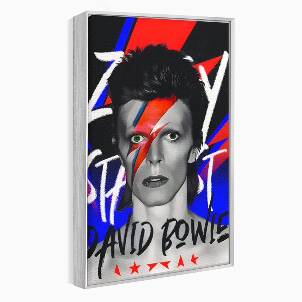 Tablou canvas cu tablou portret david bowie cu fulger, in rama de aluminiu argintiu